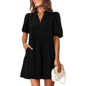 KIRUNDO Eyelet Summer Dresses for Women Mini Casual Hollow Out Short Sleeve Lace Tiered V Neck Shift Dress with Pockets