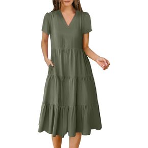 ANRABESS Women's Summer Casual Short Sleeve V Neck Midi Dresses 2025 Spring Flowy A-line Tiered T Shirts Boho Beach Dress