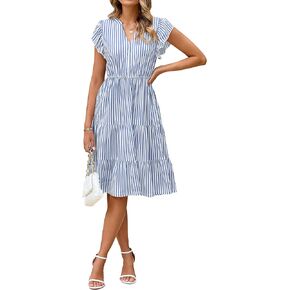 Glamaker Floral Tiered Midi Sundress Casual Summer V Neck Flutter Sleeve Striped Sun Dress with Pockets
