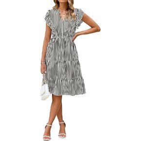 Glamaker Floral Tier Midi Sundress عارضة الصيف الخامس رقبة الأكمام فستان مخطط مخطط مع جيوب in Kuwait