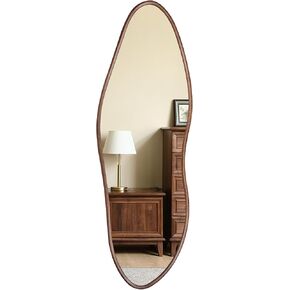 مرآة أرضية كاملة الطول 64 "x21" ، تصميم على شكل سحابة مع إطار من خشب خشب البلوط دائري في الجوز الأسود ، مرآة قائمة كبيرة لغرفة النوم/غرفة المعيش