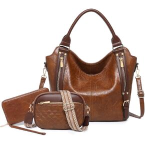 Purses for Women 3PCS, Large PU Leather Handbag Set Hobo Tote with Ladies Crossbody Shoulder Bag Wallet Guitar Strap
