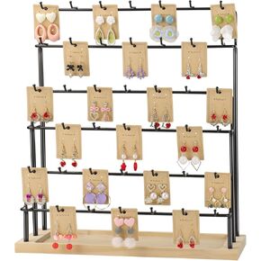 6 Tier 42 Hooks Earring Display Stand for Selling Detachable Ladder Design with Solid Wood Base Comes with Display Cards