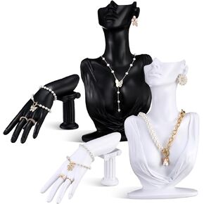Yalikop 4 Pack Resin Jewelry Mannequin Display Set Necklace Earring Display Stand and Female Mannequin Hand Ring Bracelet Holder Bust Organizer Black White for Shows Selling Home Decor (Elegant)
