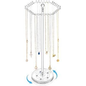OAOLEER Acrylic Necklace Holder Stand, Rotating Jewelry Organizer Display Tree Hanger Rack with 36 Hooks for Necklaces, Chain, Pendant, Bracelets, Ring (Tall 15.7 In)