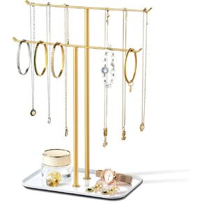 pickpiff Necklace Holder Jewelry Organizer Stand – 2‑Tier T‑Bar Jewelry Display Tree with Tray for Countertop Necklace Bracelet Earring Storage, Vanity Dresser Bathroom Sink, Gold