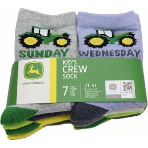 John Deere Pack of 7 Crew Socks One for Each Day of the Week, Tractors Sizes 2T-4T, 4-6