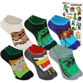 Minecraft Socks Set for Kids - Apparel Bundle With 6 Pairs of Socks for Boys Size 4.5-8.5 Plus Stickers | Gift Set