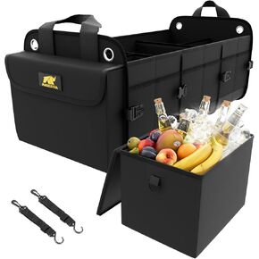 Mikkuppa Car Trunk منظم مع حقيبة باردة - 5 مقصورات 1680D Oxford Car Organizer ، تخزين جذع SUV المحمولة مع 2 حلقات قابلة للتعديل للسيارات ، شاحنة ، سيارات الدفع الرباعي (رمادي)