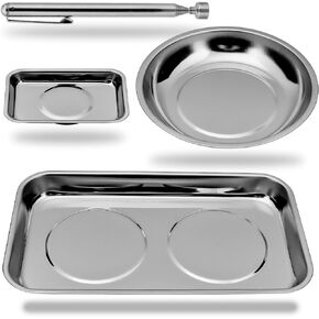 HORUDSY 4PC Magnetic Tray Set with Magnet Stick – Extra Strong Magnets, Stainless Steel Trays, and Telescoping Pickup Tool for Organizing and Retrieving Metal Parts