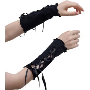 Urieo Lace Up Arm Warmers Winter Black Fingerless Gloves Ribbon Knit Hand Sleeves for Women