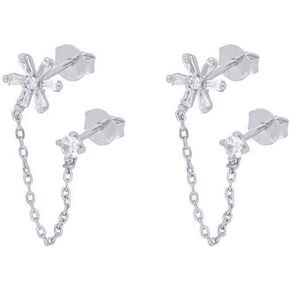 Flower Double Piercing Tassel Chain Drop Dangle Cubic Zirconia Stud Earrings for Women Girls S925 Sterling Silver Dainty 2 Hole Tragus Post Pin Fashion Holiday Birthday Christmas Jewelry