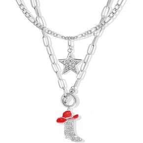 Rechicgu 2 PCS Sparkly Rhinestone Star Choker Western Western Cowgirl Boot Necklace القابلة للتكديس مجموعة للنساء سلسلة مكتنزة ، رعاة البقر مينا القبعة نجم المجوهرات الغربية للنساء للنساء