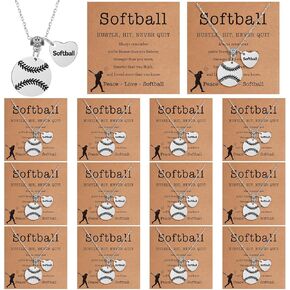 12 Sets Softball Necklace Team Gifts for Women, Softball Pendant Jewelry Sport Necklace with Inspirational Card and OPP Bags for Softball Team Gifts Stuffs Softball Party Favors