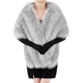 Zhanmai Winter Faux Fur Long Shawl Cloak Stretchy Satin Glove Opera Bridal Dance Gloves for Women Wedding Dress Party Coat