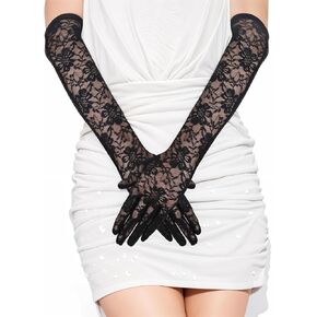 Lusofie Black Lace Gloves for Women Elbow Length Long Gloves Women Formal For Wedding Opera Party 1920s Sheer Floral Tea Party Gloves Retro Halloween Black Long Gloves