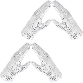 Yolev 2 Pairs Silver Sequin Gloves Adults MJ Costume Rhinestone Glitter Gloves Sparkly Dance Mittens Classic Masquerade Halloween Cosplay Dress up