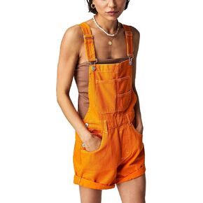 Women Denim Bib Overalls Solid Color Adjustable Straps Baggy Shorts Jean Jumpsuit Romper with Pockets for Streetwear