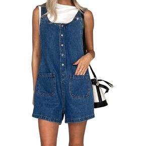 Women Denim Bib Overalls Solid Color Adjustable Straps Baggy Shorts Jean Jumpsuit Romper with Pockets for Streetwear in Kuwait