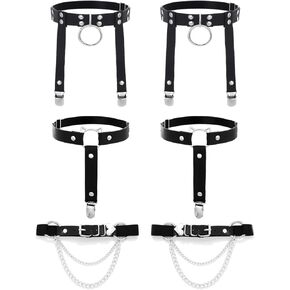 Thigh High Garter Belt Adjustable Black Gothic Leg Suspender Harness Festival Party Thigh Lingerie for Women (6 PCs)