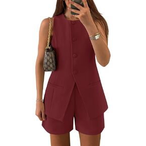 ZESICA Women's 2025 Summer 2 Piece Short Sets Sleeveless Crew Neck Suit Vest Tops High Waist Shorts Business Outfits
