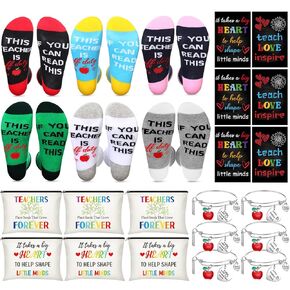 Panitay 24 Pcs Teacher Appreciation Gifts Set 6 Pairs Funny Teacher Socks 6 Teacher Rainbow Makeup Bags 6 Inspirational Notepads 6 Teacher Bracelet Thank You Gift for Women Graduation Teacher's Day