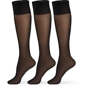 MANZI 3 Pairs Sheer Knee High Stockings for Women 15 Denier Ladies Nylon Knee Highs Trouser Socks