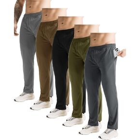 5 Pack Athletic Workout Open Bottom Pants with Zipper Pockets Gym Jogger Pants Running Sweatpants for Men