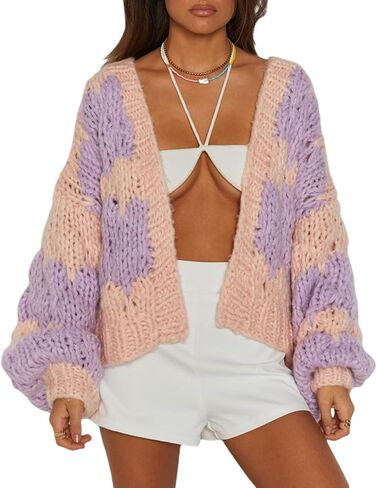 kmbangi نساء الكروشيه سترة مكتنزة مفتوحة الأمامية طويلة الأكمام كابل متماسكة cardigan لطيف الطائر كبير الحجم in Kuwait