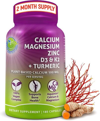 Plant-Based Calcium 500mg (Aquamin) – Vegan Calcium Magnesium Zinc D3 with Vitamin K2 & Organic Turmeric – Enhanced Bone and Muscle Health & Strength, Immune Support for Women & Men - 90 Count in Kuwait