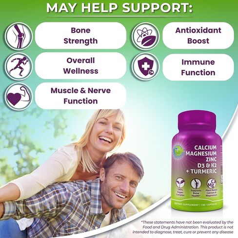 Plant-Based Calcium 500mg (Aquamin) – Vegan Calcium Magnesium Zinc D3 with Vitamin K2 & Organic Turmeric – Enhanced Bone and Muscle Health & Strength, Immune Support for Women & Men - 90 Count in Kuwait