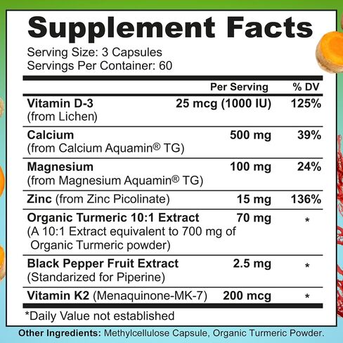 Plant-Based Calcium 500mg (Aquamin) – Vegan Calcium Magnesium Zinc D3 with Vitamin K2 & Organic Turmeric – Enhanced Bone and Muscle Health & Strength, Immune Support for Women & Men - 90 Count in Kuwait