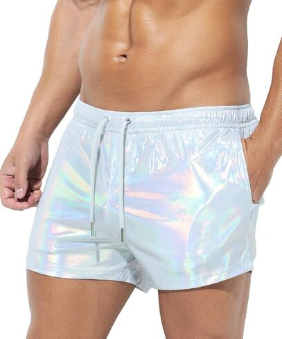 Casey Kevin Men's Holographic Metallic Short Sparkly Shiny Short Pants Rave Outfit Hot Shorts with Pockets and Drawstrings in Kuwait
