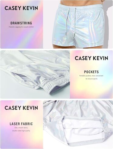Casey Kevin Men's Holographic Metallic Short Sparkly Shiny Short Pants Rave Outfit Hot Shorts with Pockets and Drawstrings in Kuwait