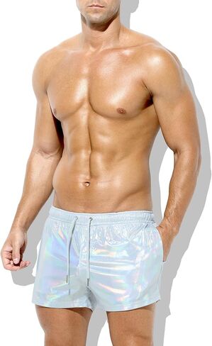 Casey Kevin Men's Holographic Metallic Short Sparkly Shiny Short Pants Rave Outfit Hot Shorts with Pockets and Drawstrings in Kuwait