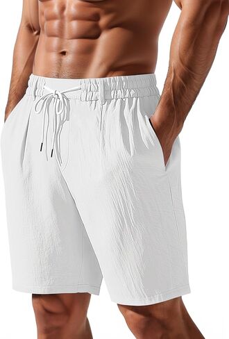 Mens Linen Shorts Casual Elastic Waist Drawstring Lightweight Vacation Summer Beach Shorts with Pockets in Saudi Arabia
