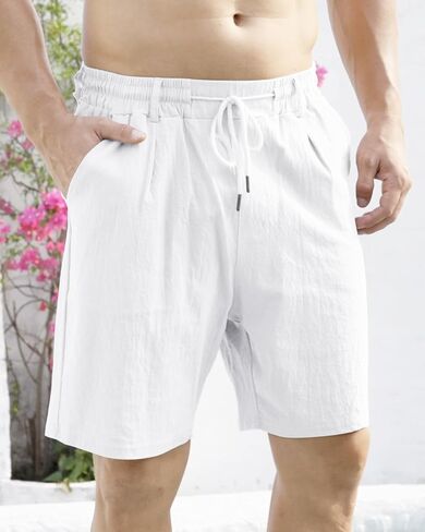 Mens Linen Shorts Casual Elastic Waist Drawstring Lightweight Vacation Summer Beach Shorts with Pockets in Saudi Arabia