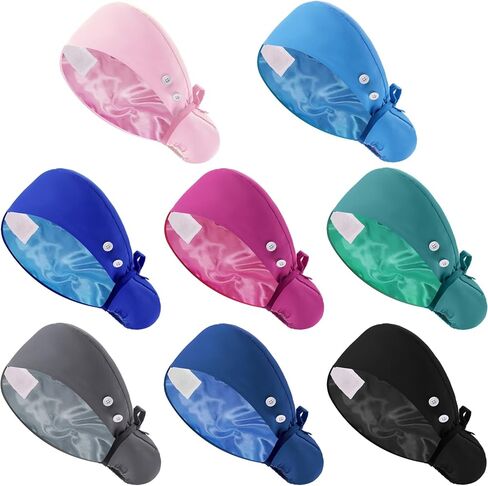 8 Pcs Satin Lined Scrub Cap Nurse Working Hat with Button and Sweatband Adjustable Ponytail Surgical Cap for Women in Saudi Arabia