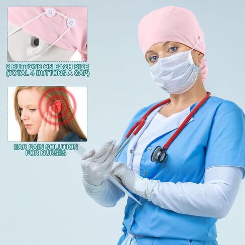 8 Pcs Satin Lined Scrub Cap Nurse Working Hat with Button and Sweatband Adjustable Ponytail Surgical Cap for Women in Saudi Arabia