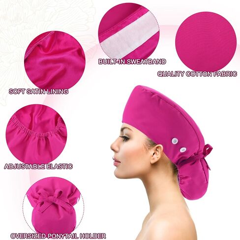 8 Pcs Satin Lined Scrub Cap Nurse Working Hat with Button and Sweatband Adjustable Ponytail Surgical Cap for Women in Saudi Arabia