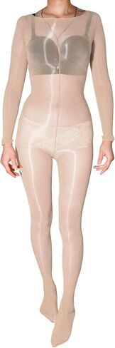 LESOYA Plus Size Women Shiny Glossy Nylon Sheer Bodystocking High Elastic Long Sleeve Bodysuit Nylon Catsuit in Kuwait