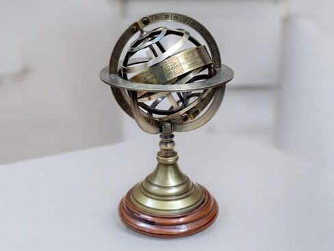 Antique Vintage Zodiac Armillary Decorative Globe with Wooden Base - 5 Inch Brass Sphere World Globe Zodiac Engraved Celestial, Antique Ship Decor in Kuwait