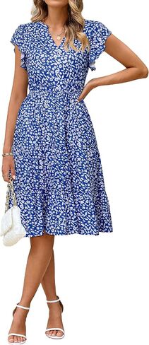 Glamaker Floral Tiered Midi Sundress Casual Summer V Neck Flutter Sleeve Striped Sun Dress with Pockets in Saudi Arabia