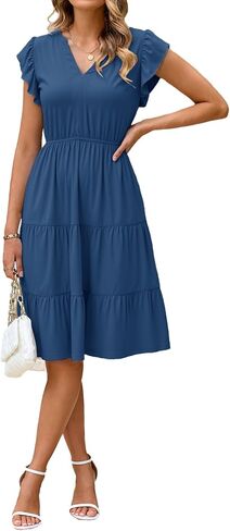 Glamaker Floral Tiered Midi Sundress Casual Summer V Neck Flutter Sleeve Striped Sun Dress with Pockets in Saudi Arabia
