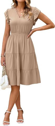 Glamaker Floral Tiered Midi Sundress Casual Summer V Neck Flutter Sleeve Striped Sun Dress with Pockets in Saudi Arabia