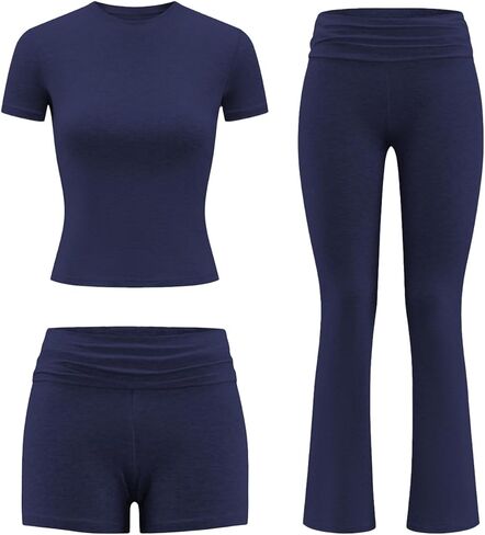 ZFLM Fashion and Casual Women's 3-Piece Set Short Sleeved High Waist Folded Shorts Bellbottom Pants Sports Set in Saudi Arabia