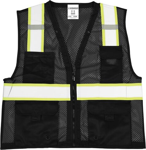 Kishigo Black Enhanced Visibility Men's Vest B100, Multi Pocket Mesh Hi-Vis Vest, Ultra-Cool Polyester, 6 Pockets, Zipper in Kuwait