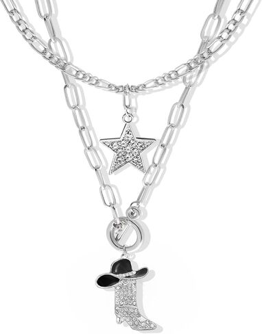 Rechicgu 2 PCS Sparkly Rhinestone Star Choker Western Western Cowgirl Boot Necklace القابلة للتكديس مجموعة للنساء سلسلة مكتنزة ، رعاة البقر مينا القبعة نجم المجوهرات الغربية للنساء للنساء in Kuwait