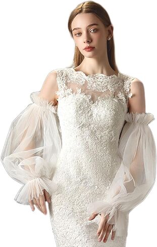 Black White Long Wedding Gloves Lace Sheer Puffy Sleeves Fingerless Ruffled Tulle Gloves Detachable Sleeves for Women in Saudi Arabia
