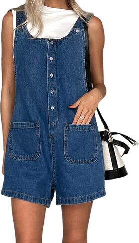 Women Denim Bib Overalls Solid Color Adjustable Straps Baggy Shorts Jean Jumpsuit Romper with Pockets for Streetwear in Kuwait